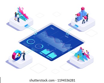 Isometric concept of business teams meeting working with new startup project, analysis data the charts and graphs, discussion. Consulting for company performance, analysis, accounting