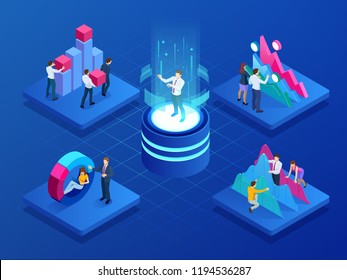 Isometric concept of business teams meeting working with new startup project, analysis data the charts and graphs, discussion. Consulting for company performance, analysis, accounting