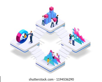 Isometric concept of business teams meeting working with new startup project, analysis data the charts and graphs, discussion. Consulting for company performance, analysis, accounting