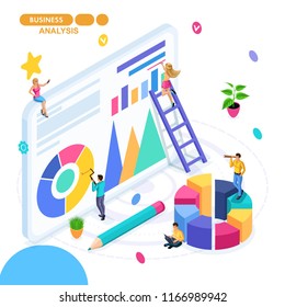Isometric concept of business, teamwork, business analytics, financial reports, financial audit. Young entrepreneurs are developing a start-up.
