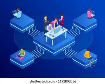 Isometric concept for business teamwork and digital marketing, creative innovation. Web banner flat design of promotion of business online, the takeoff rating of the work, ideas. Vctor illustration
