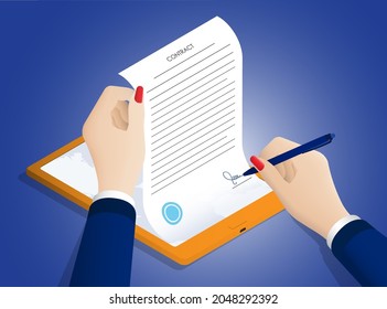 Isometric Concept. Business woman hand signs digital contract, long term agreement in tablet. Conclusion of transactions and certification of documents with digital signature. Vector