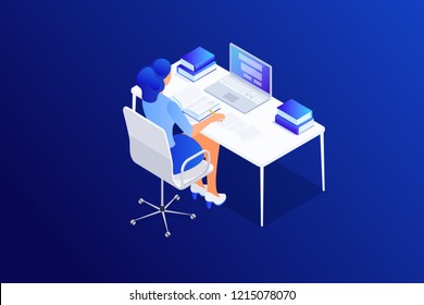 Isometric concept busy woman using laptop, doing homework, studying, young female reading book, make notes, writing article, essay, scientific work, 3d vector illustration on blue background