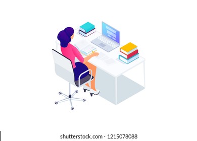 Isometric concept busy woman using laptop, doing homework, studying, young female reading book, make notes, writing article, essay, scientific work, 3d vector illustration on white background