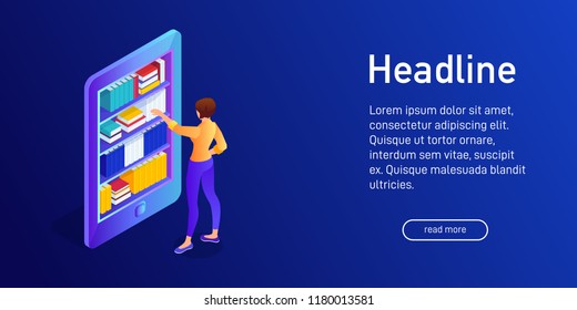 Isometric concept of buying e-book, landing page design. Web site decor with 3d eBook library. Woman chooses book in library of smartphone. Vector illustration.