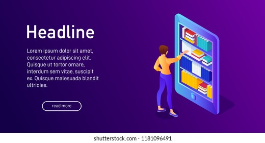 Isometric concept of buying e-book, landing page design. Web site decor with 3d eBook library. Woman chooses book in library of smartphone. Vector illustration.