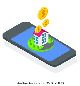 Isometric concept of buying property in mobile app. Flat vector cartoon illustration. Objects isolated on white background.