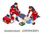 Isometric concept of Cardiac Massage CPR Emergency Aid. Medic character performing chest compressions and artificial ventilation. Ambulance responders and medics attending to the patient.