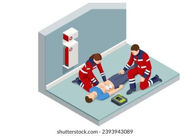 Isometric concept of Cardiac Massage CPR Emergency Aid. Medic character performing chest compressions and artificial ventilation. Ambulance responders and medics attending to the patient. - Shutterstock ID 2393943089