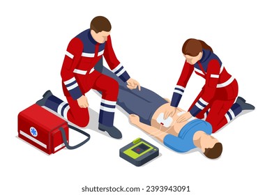 Isometric concept of Cardiac Massage CPR Emergency Aid. Medic character performing chest compressions and artificial ventilation. Ambulance responders and medics attending to the patient. - Shutterstock ID 2393943091