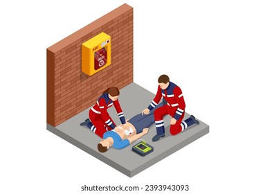 Isometric concept of Cardiac Massage CPR Emergency Aid. Medic character performing chest compressions and artificial ventilation. Ambulance responders and medics attending to the patient. - Shutterstock ID 2393943093