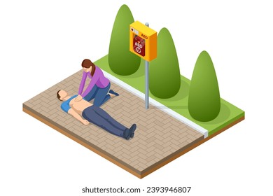 Isometric concept of Cardiac Massage CPR Emergency Aid. Woman performing chest compressions and artificial ventilation. - Shutterstock ID 2393946807