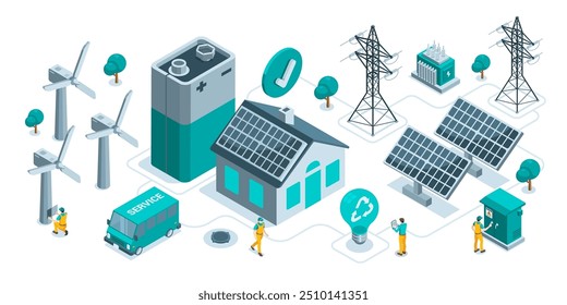 isometrisches Konzept sauberer Energie aus Sonne und Wind in Farbe auf weißem Hintergrund, Batterie mit Windturbinen und Sonnenkollektoren zu Hause, grüner Energiedienst