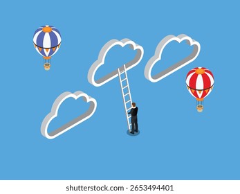 Isometric Concept of Cloud Computing and Business Growth with Ladder and Hot Air Balloons 3d vector illustration