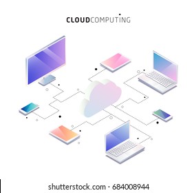 Isometric concept of cloud computing. Cloud network and services. Vector illustration.