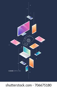 Isometric concept of cloud computing. Cloud network and services. Vector illustration.