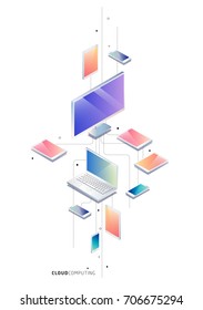 Isometric concept of cloud computing. Cloud network and services. Vector illustration.