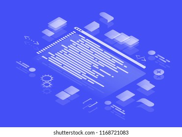 Isometric Concept Coding Neon. Programming and IT technologies. Vector illustration with template Integrated Development Environment.