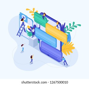 Isometric concept communication of young people in social networks, sending messages and photos. Concept for web design.