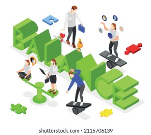 Isometric Concept Composition With People Balancing Between Life And Work 3d Vector Illustration