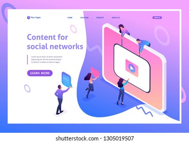 Isometric concept Content creation for social networks, video development and promotion. Website Template Landing page.