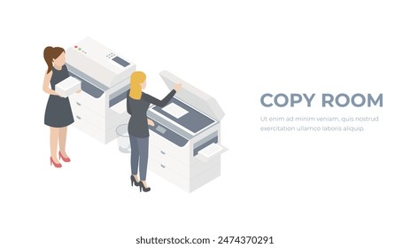 Isometric concept with a copy machine. Copy room in office. Printing servise illustration.