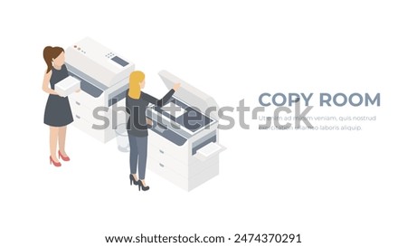 Isometric concept with a copy machine. Copy room in office. Printing servise illustration.