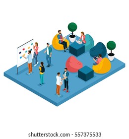 Isometric concept of coworking center. 3D people meeting, discussing, planning, brainstorming at the blackboard, comfortable armchairs in the open office space. Creative people, freelancers isolated.
