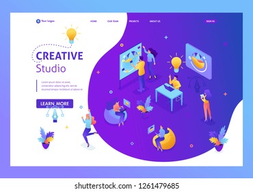 Isometric concept creative studio, creating ideas, employees develop the design. Teamwork of creative people. Website Template Landing page.