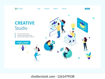 Isometric concept creative studio, employees creating ideas and design. Teamwork of creative people. Website Template Landing page.