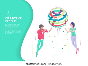 Isometric concept of creative concept. Two people create new ideas with sphere. Business concept. Vector illustration.