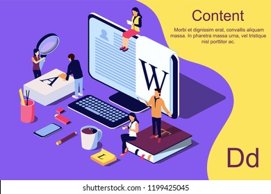 Isometric concept creative writing or blogging, education and content management for web page, banner, social media, documents, posters. Vector illustration for news, copywriting, seminars, tutorial