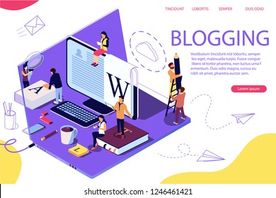 Isometric concept creative writing or blogging, education and content management for web page, banner, social media, documents, cards, posters. Laptop as background. Double exposure vector effect.