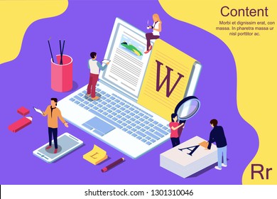 Isometric concept creative writing or blogging, education and content management for web page, banner, social media, documents, cards, posters. Vector illustration for news, copywriting, seminars.