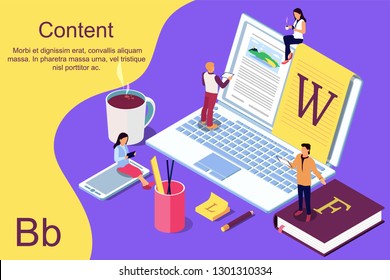 Isometric concept creative writing or blogging, education and content management for web page, banner, social media, documents, cards, posters. Vector illustration for news, copywriting, seminars.
