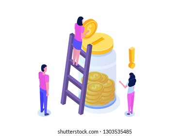 Isometric concept of crowdfunding or donation with character. Vector illustration.