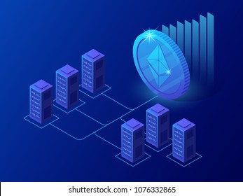 Isometric concept of Cryptocurrency and Blockchain concept. Farm for mining ethereum coins