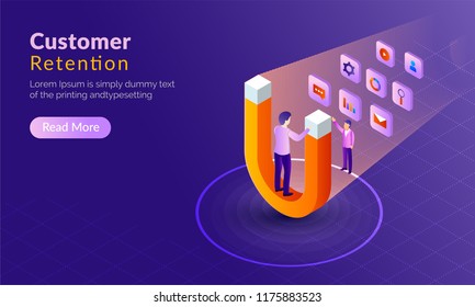 Isometric concept for Customer Retention or loyalty, shopper advertise his product through multiple ways, magnet attract potential buyers. Isometric design for landing page. 