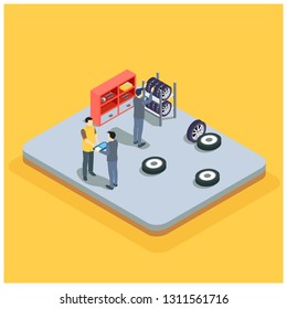 Isometric concept
for damage to car wheel repairs, isolated vector illustrations - Vector