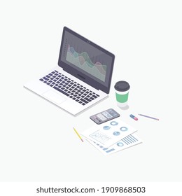 Isometric concept of Data Analysis. 3D Notebook, computer, charts, phone, coffee on the table