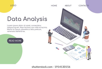 Isometric concept of Data Analysis for website and mobile app. Teamwork and business projects. Landing page template. Vector illustration