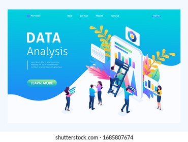 Isometric concept data collection by workers, the process of analyzing data on the tablet. Landing page concepts and web design