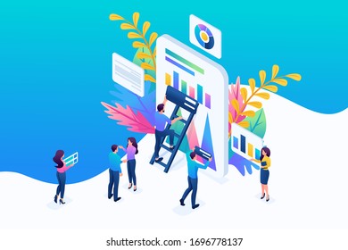 Isometric concept data collection by workers, the process of analyzing data on the tablet. Concept for web design.
