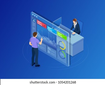 Isometric Concept Of Data Network Management. Businessmans In Data Center Room. Hosting Server And Computer Database.