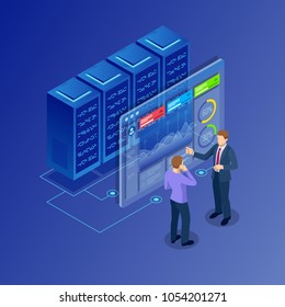 Isometric concept of data network management. Businessmans in data center room. Hosting server and computer database. Isometric concept of data network management. Businessmans in data center room. Hosting server and computer database.