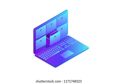 Isometric concept of database, card index in laptop. 3d computer with drawers, storage system. Vector illustration.