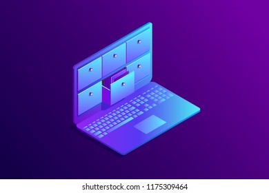 Isometric concept of database, card index in laptop. 3d computer with drawers, storage system. Vector illustration.