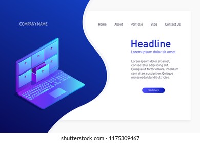 Isometric concept of database, card index in laptop. Landing page design with isometry. 3d computer with drawers, storage system. Vector illustration.