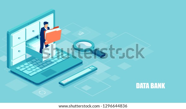 Isometric concept of database. Vector of a businessman\
holding a folder with documents from the archive managing online\
digital database 