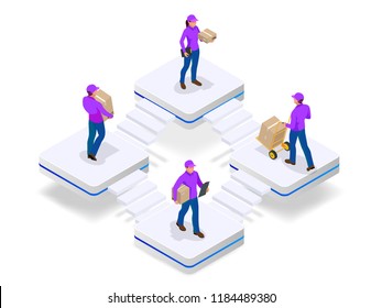 Isometric concept of delivery man and woman in uniform holding boxes and documents in different poses. Collection delivery service workers isolated on white background. Courier or delivery service